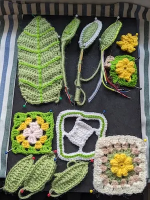 Physical board of crochet leaf explorations