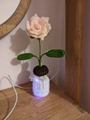 Crocheted pink rose light bottle